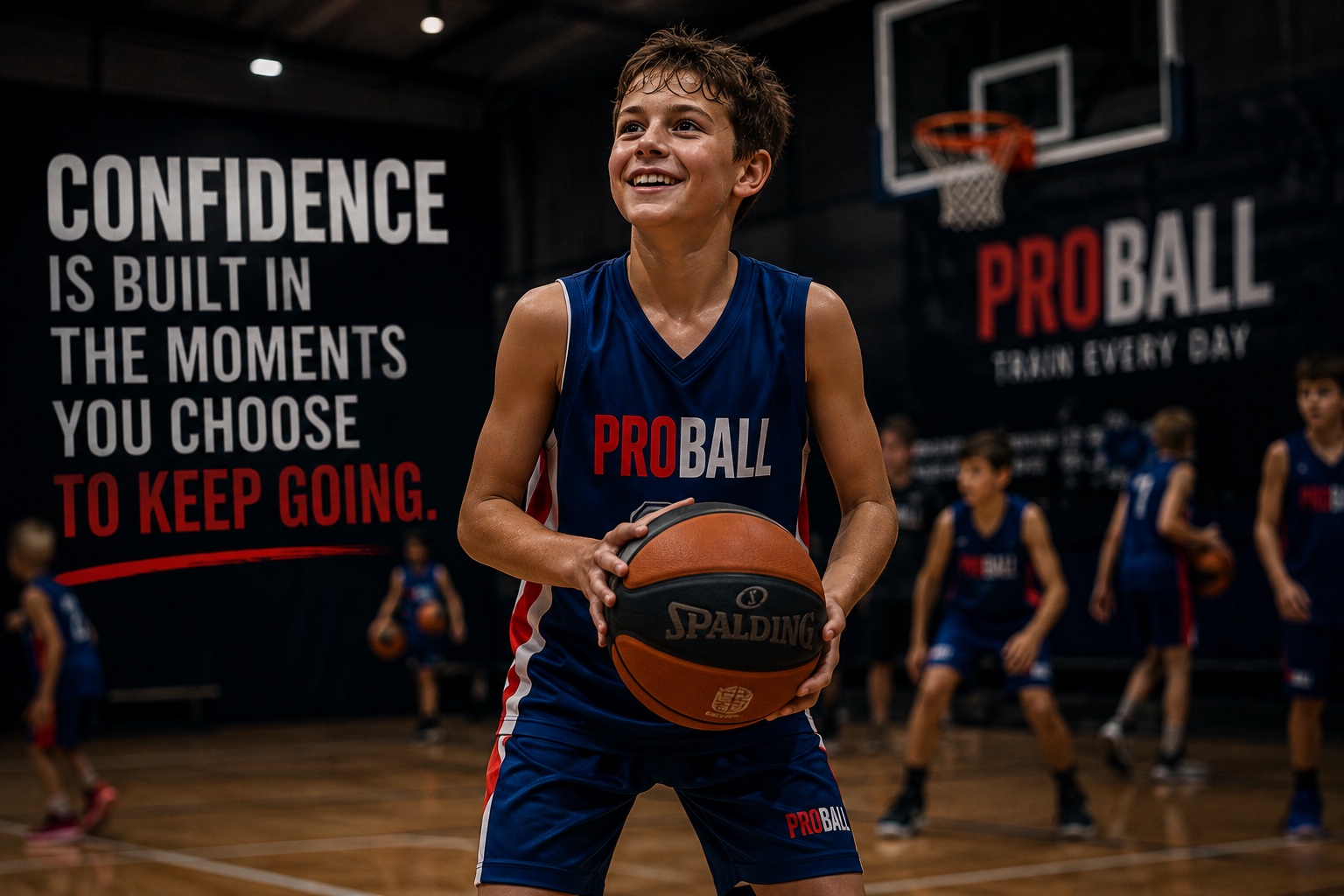 Young ProBall basketball player holding a basketball during training in Sydney, building confidence through practice, teamwork and perseverance.